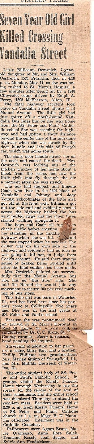 7 year old Collinsville Illinois girl killed crossing Vandalia Street, Billieann Oestreich