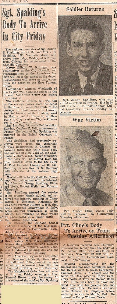 Bodies of Collinsville Illinois War Dead to return. Julian Spalding, Arnold Cline